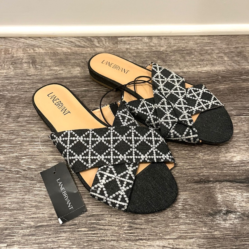 Lane Bryant Sandals Women's 9W Denim Embroidered Crisscross Slide NWT
